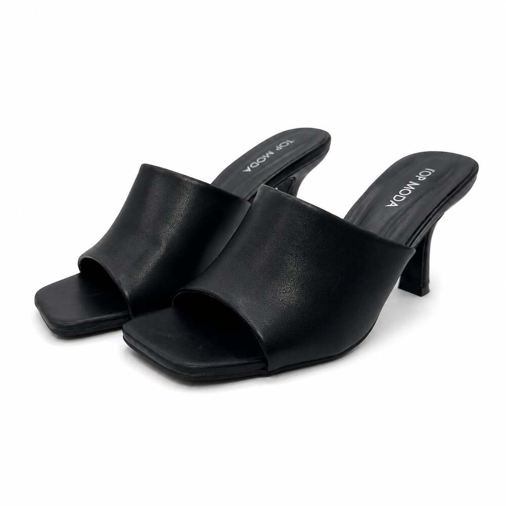 TOP MODA Black Square Toe Heeled Mule Sandals